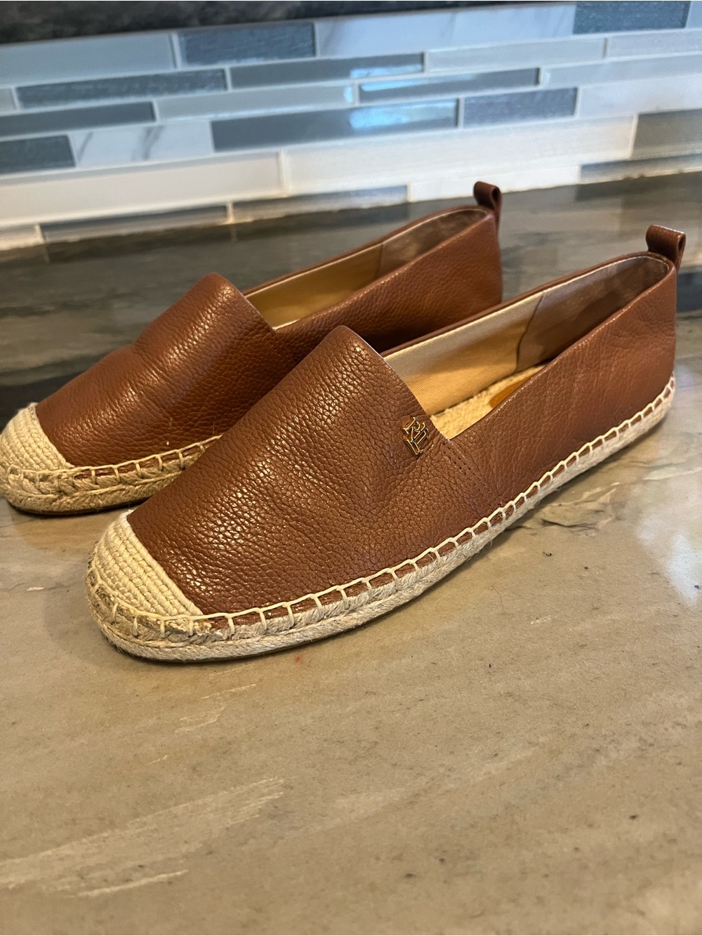Ralph Lauren Brown Leather Espadrille Flats with Jute Trim